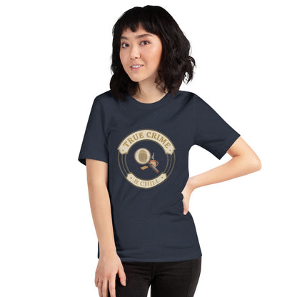 True Crime and Chill vintage case-file badge tee — Heather Navy, on model