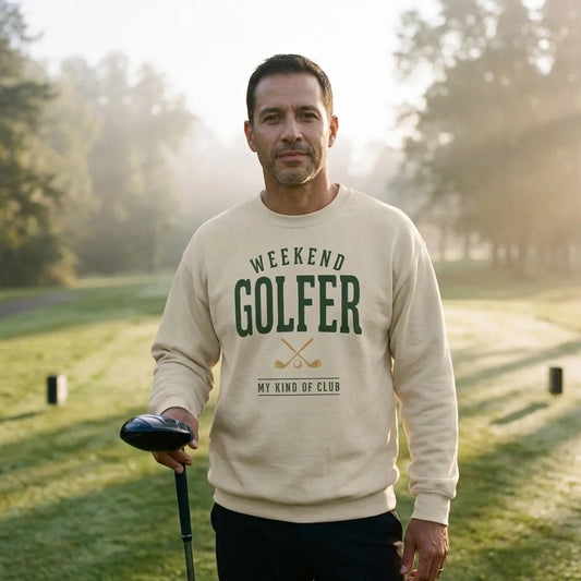 Weekend Golfer vintage golf wordmark crewneck sweatshirt — lifestyle