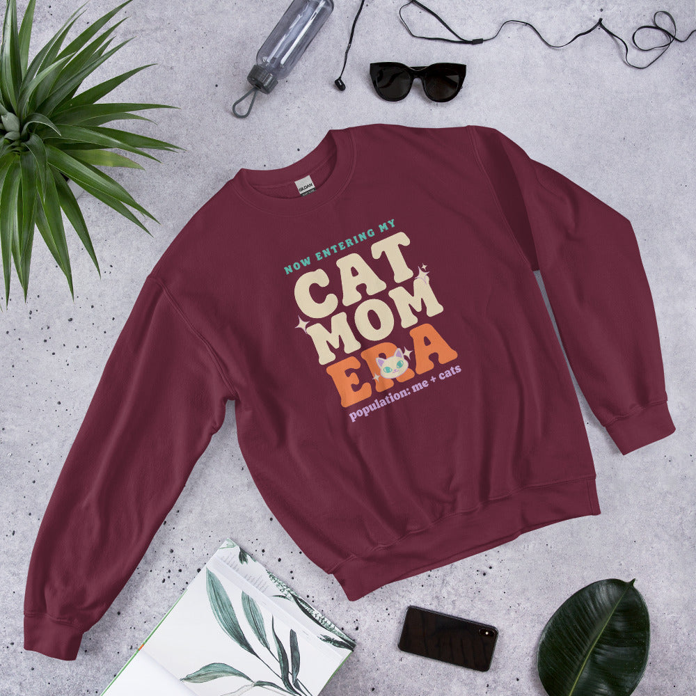 Cat Mom Era retro Y2K crewneck sweatshirt — Maroon, front angled