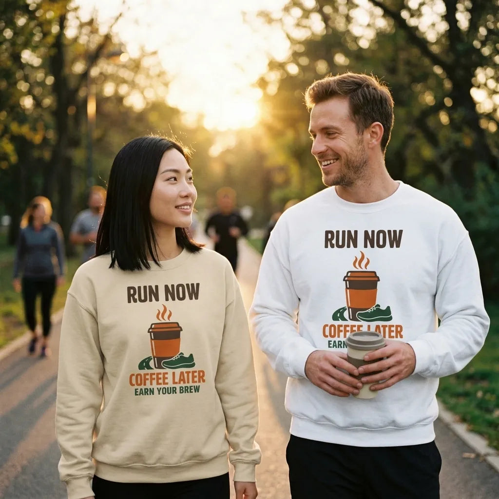 Run Now Coffee Later crewneck on a couple — woman in Sand, man in White — golden-hour park run