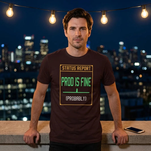 Prod Is Fine programmer tee — lifestyle