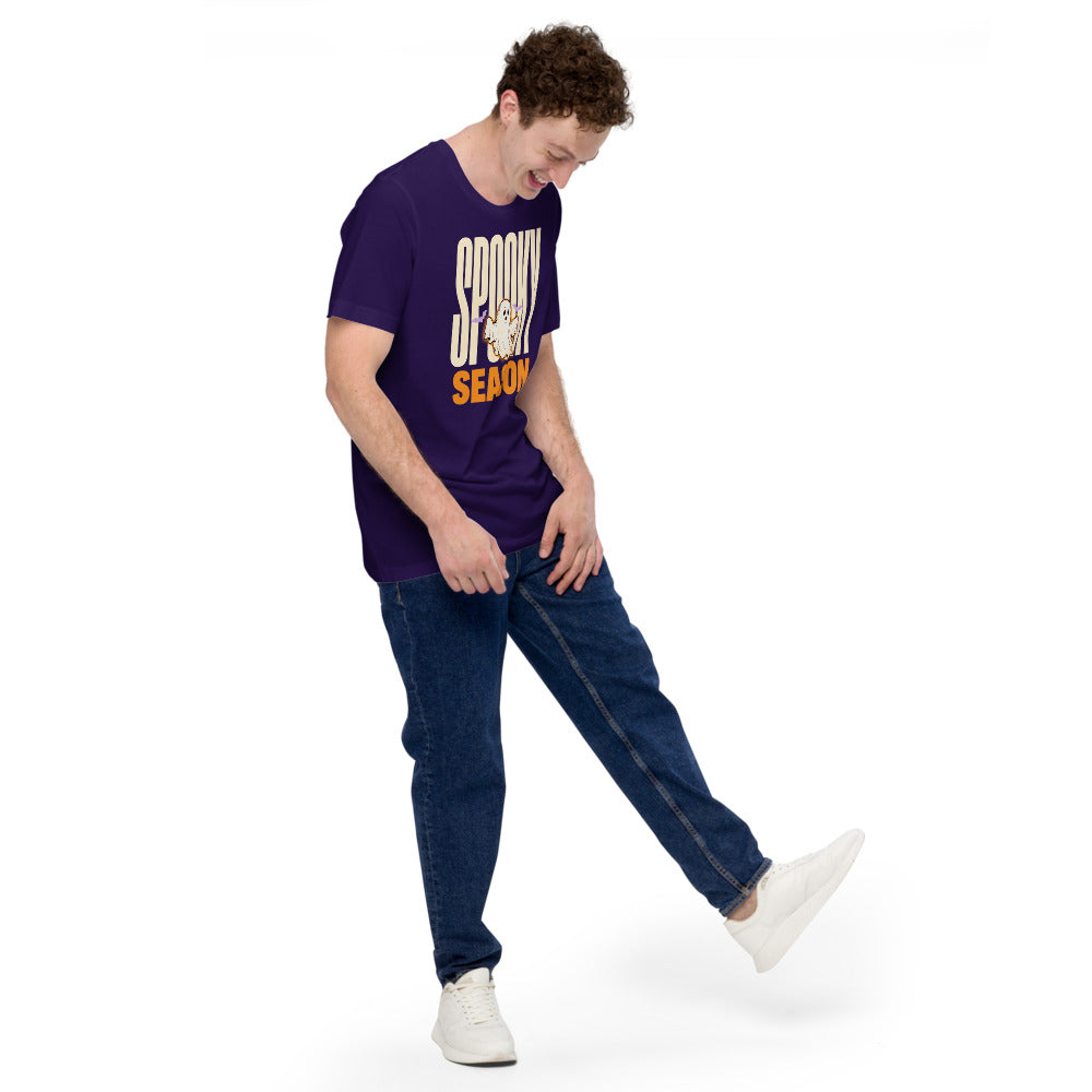 Spooky Season retro Halloween ghost typography tee — Team Purple, on model