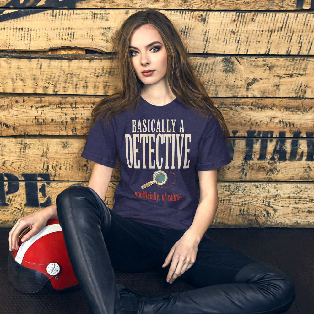 Basically a Detective vintage true crime tee — Heather Midnight Navy, on model