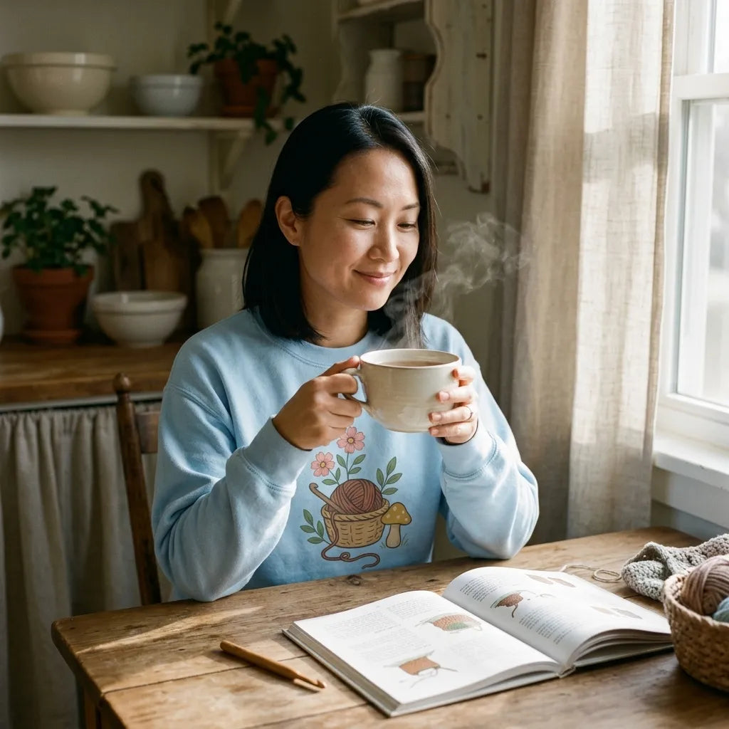 East Asian woman with a mug of tea at a sunlit cottage table, wearing the Just One More Row crochet crewneck in Light Blue