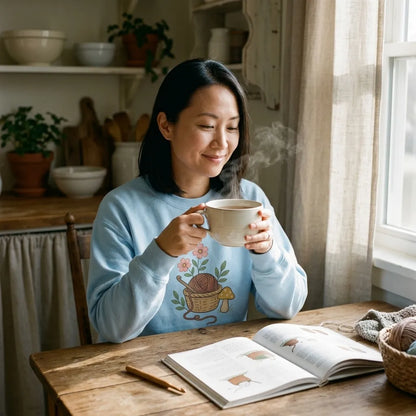 East Asian woman with a mug of tea at a sunlit cottage table, wearing the Just One More Row crochet crewneck in Light Blue