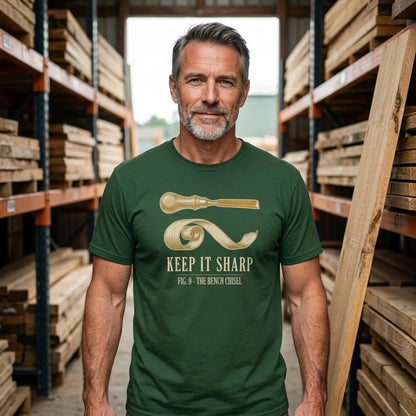 Keep It Sharp woodworking tee — lifestyle