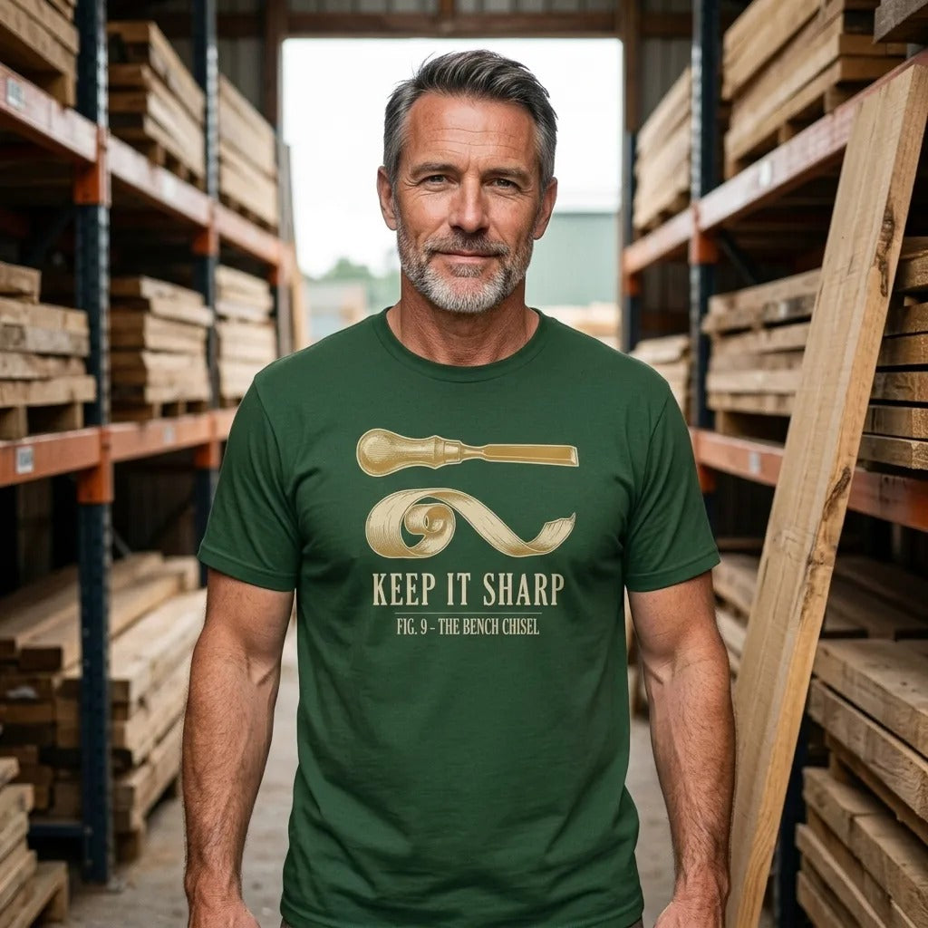 Keep It Sharp woodworking tee — lifestyle