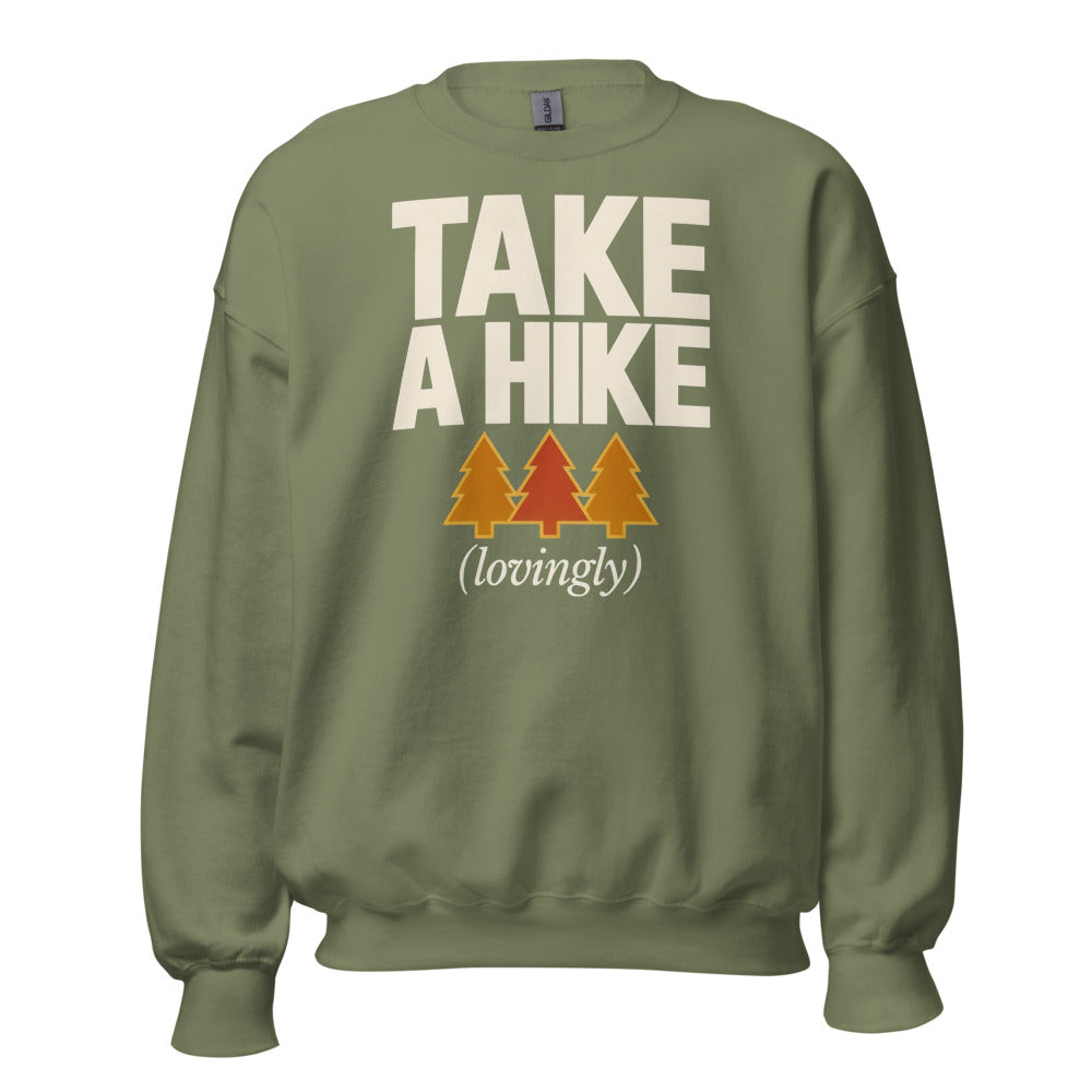 Take a Hike retro outdoors humor typography crewneck sweatshirt — Military Green, front