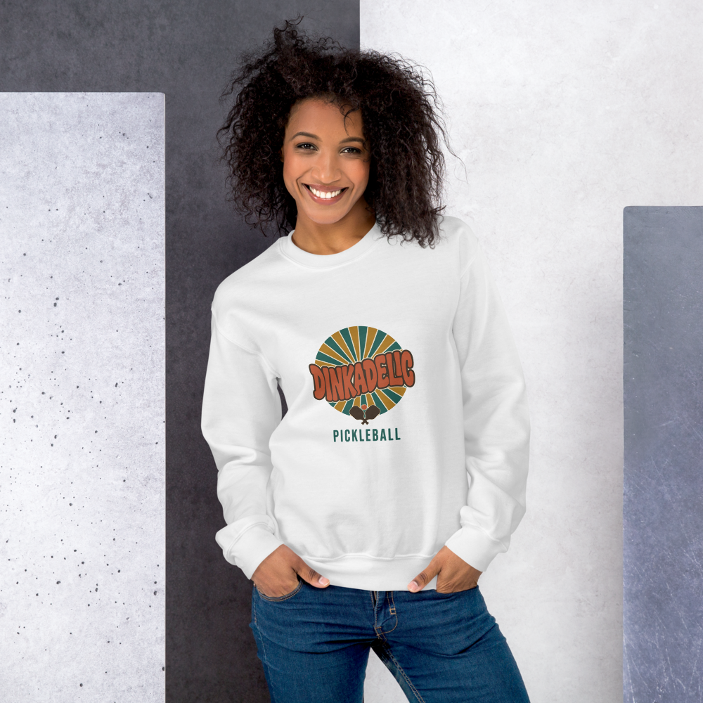 Sport Grey Dinkadelic retro 70s pickleball crewneck sweatshirt model
