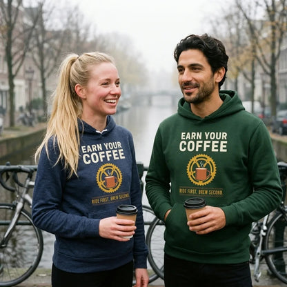 Earn Your Coffee retro cycling coffee hoodie — lifestyle
