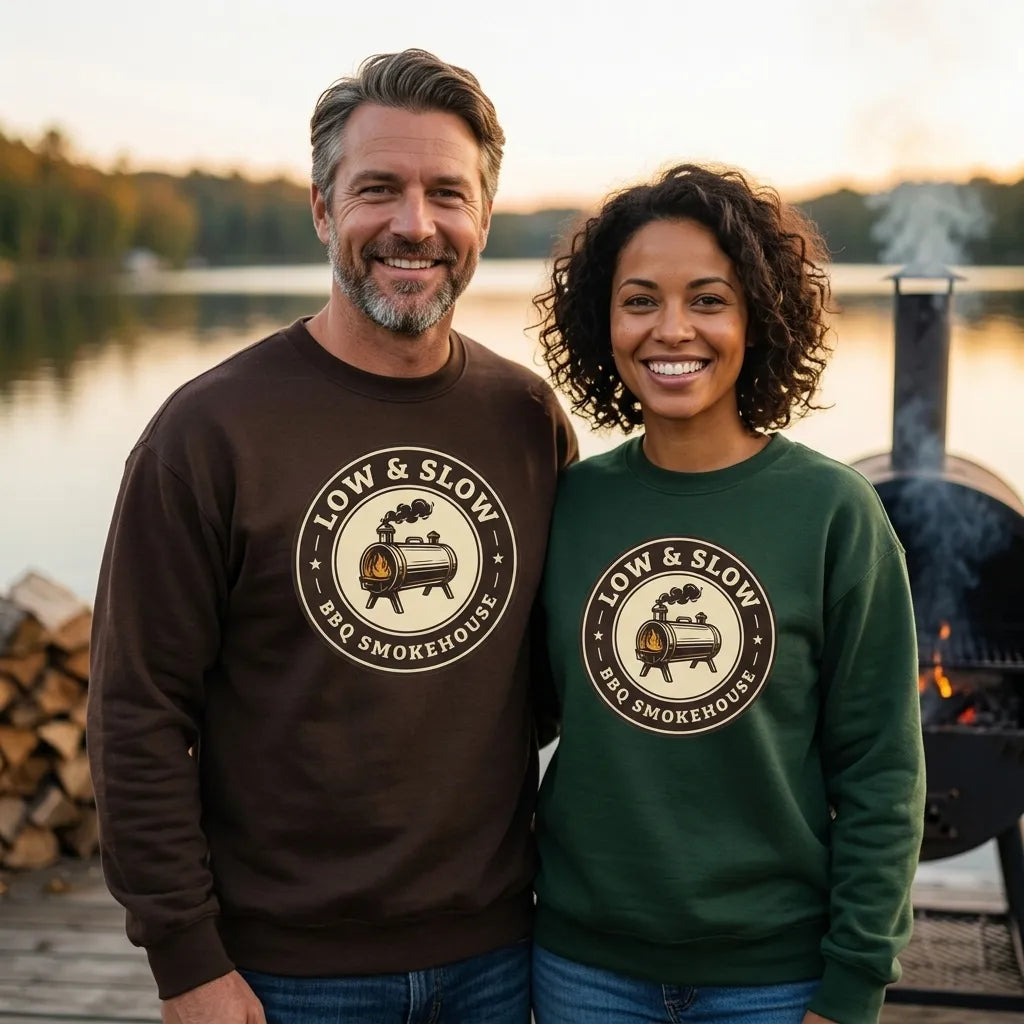 Low & Slow BBQ smoker crewneck sweatshirt — lifestyle