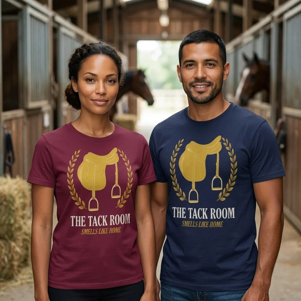 The Tack Room engraved equestrian saddle crest t-shirt — lifestyle
