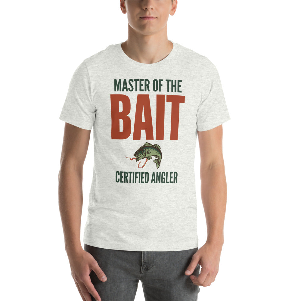 Master of the Bait retro fishing humor typography tee — Ash, on model