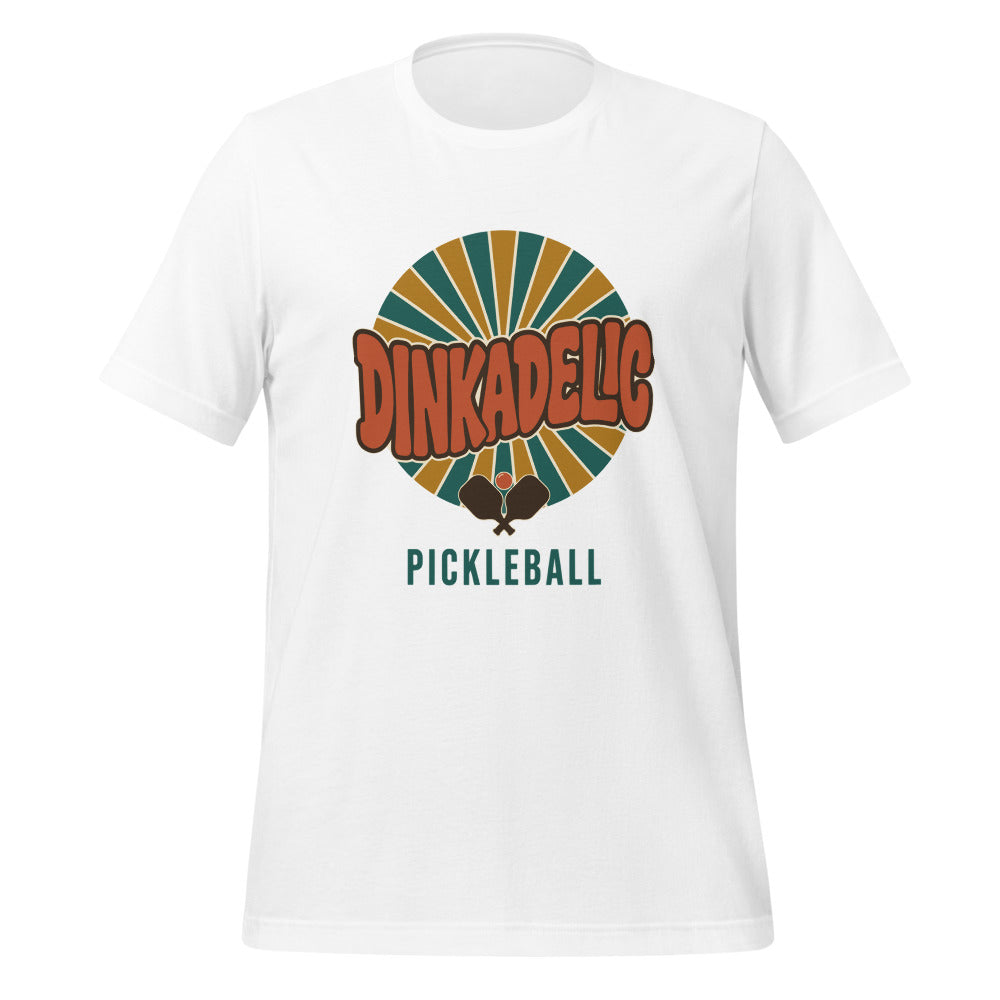Dinkadelic retro 70s pickleball tee — White, front