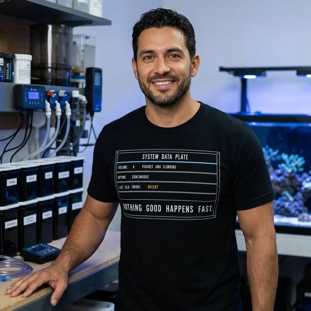 Nothing Good Happens Fast reef system data plate saltwater aquarium t-shirt — lifestyle