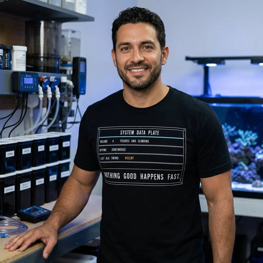 Nothing Good Happens Fast reef system data plate saltwater aquarium t-shirt — lifestyle