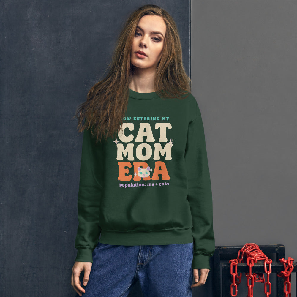 Model wearing the Cat Mom Era crewneck sweatshirt — Forest Green