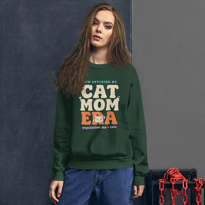 Model wearing the Cat Mom Era crewneck sweatshirt — Forest Green
