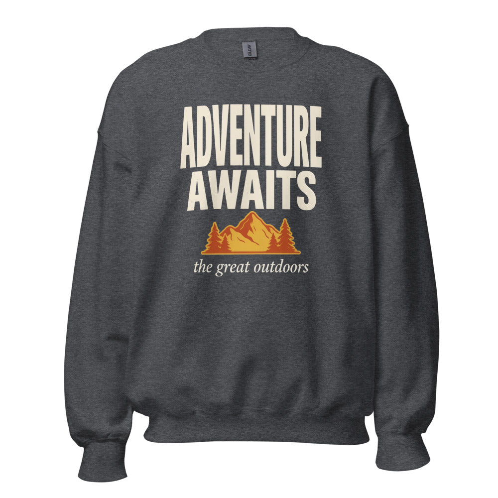 Adventure Awaits retro outdoors typography crewneck sweatshirt — Dark Heather, front