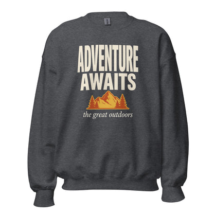 Adventure Awaits retro outdoors typography crewneck sweatshirt — Dark Heather, front