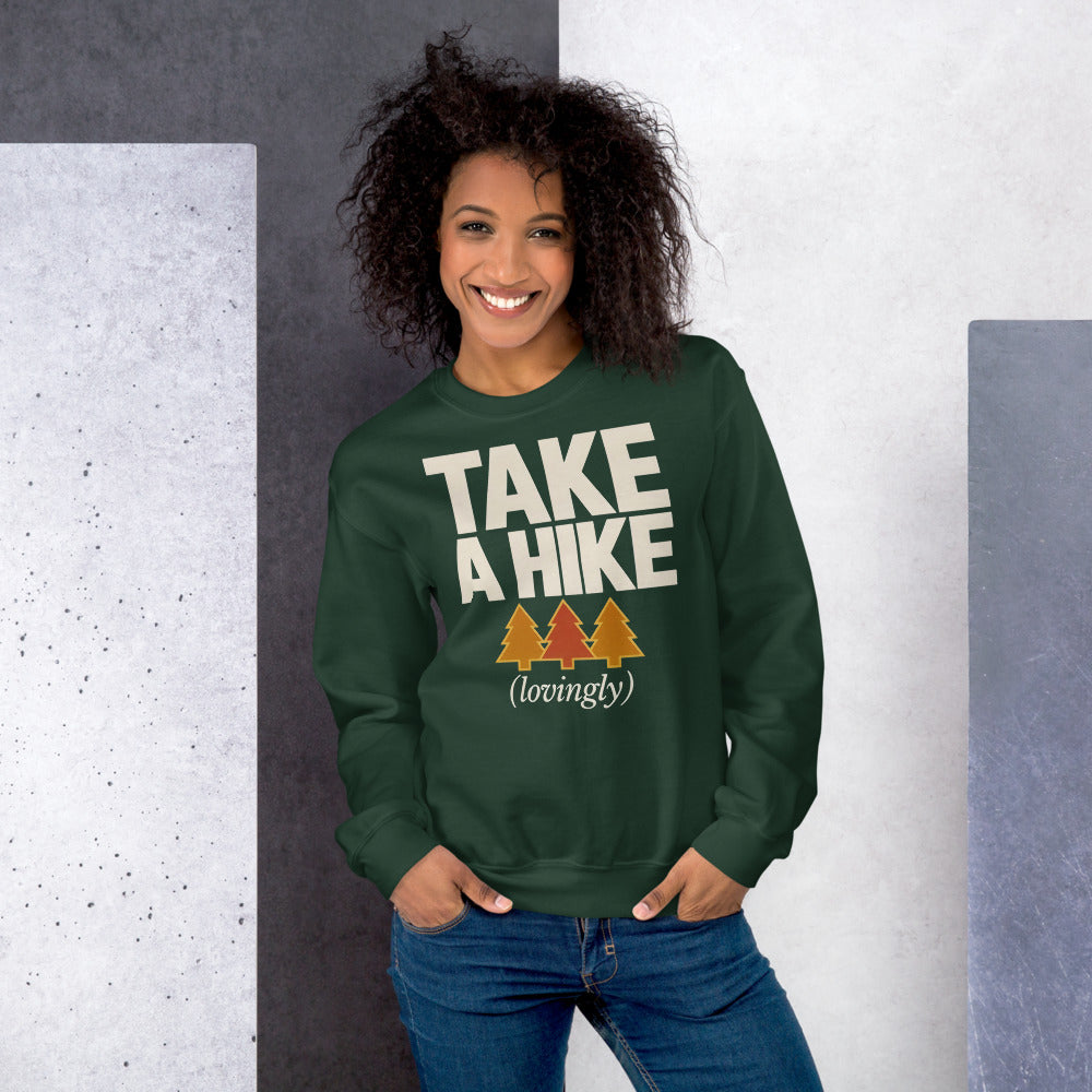Take a Hike retro outdoors humor typography crewneck sweatshirt — Forest Green, on model