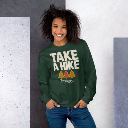 Take a Hike retro outdoors humor typography crewneck sweatshirt — Forest Green, on model