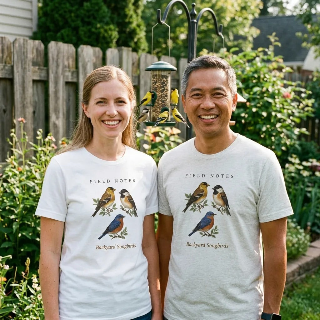 Backyard Songbirds vintage field-guide tee — lifestyle