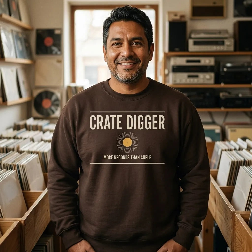 Crate Digger vinyl record crewneck sweatshirt — lifestyle