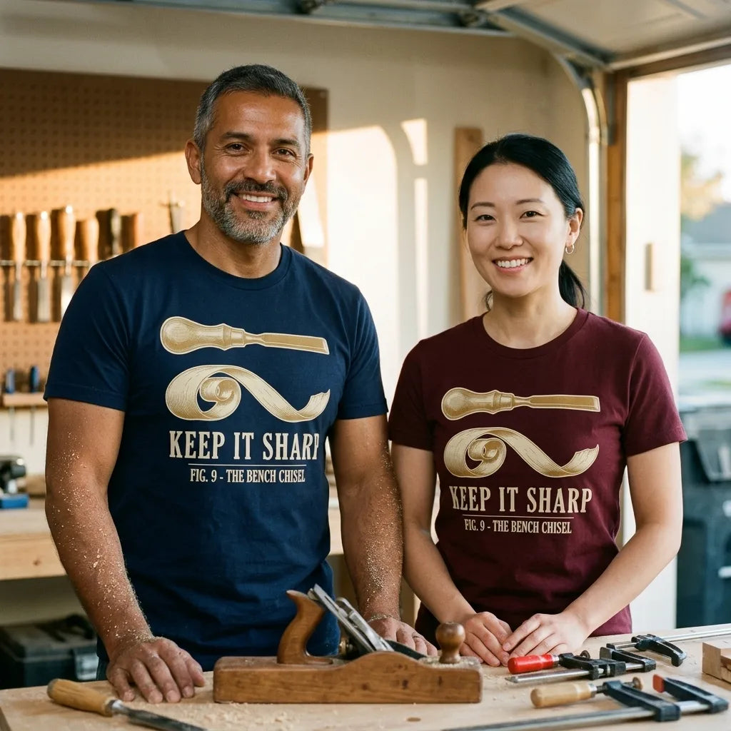 Keep It Sharp woodworking tee — lifestyle