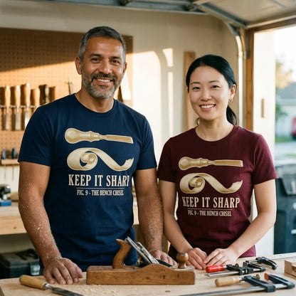 Keep It Sharp woodworking tee — lifestyle