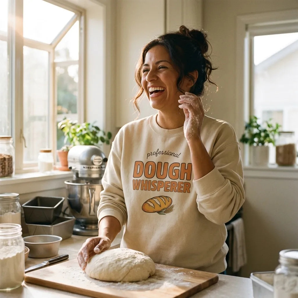 Woman baking bread in a sunny kitchen wearing the Professional Dough Whisperer Sand crewneck sweatshirt