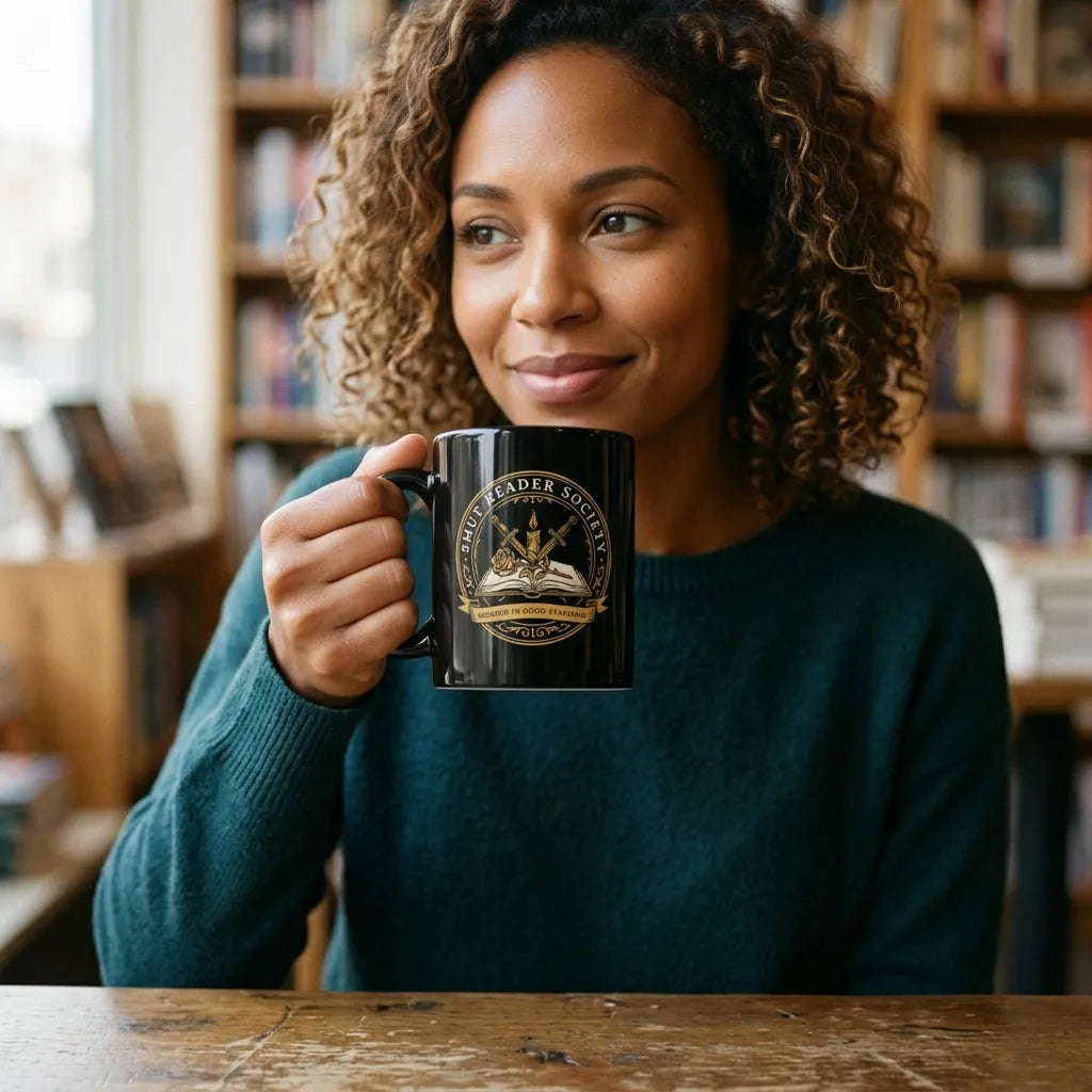 Smut Reader Society romantasy black ceramic mug — lifestyle