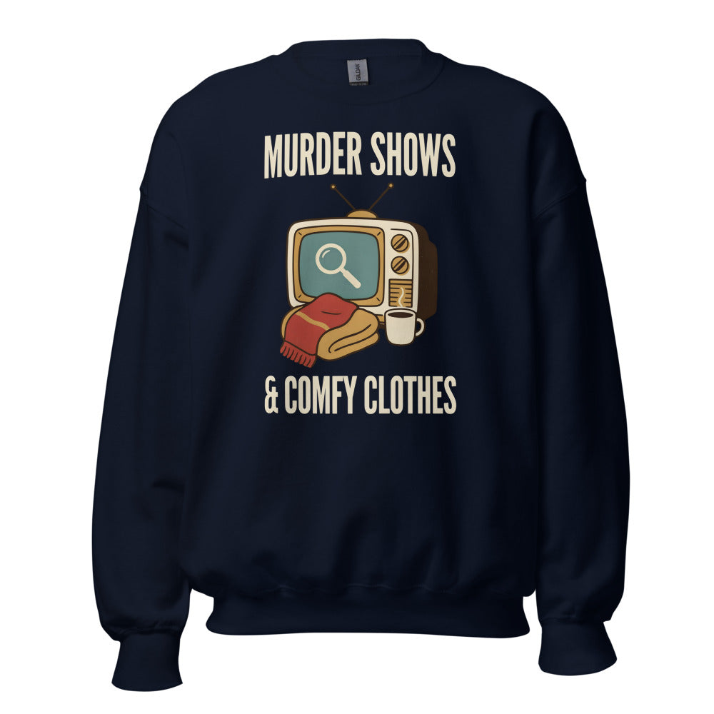 Murder Shows and Comfy Clothes cozy true crime crewneck sweatshirt — Navy, front