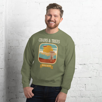 Chains & Trees Society disc golf retro landscape crewneck sweatshirt — Military Green, on model