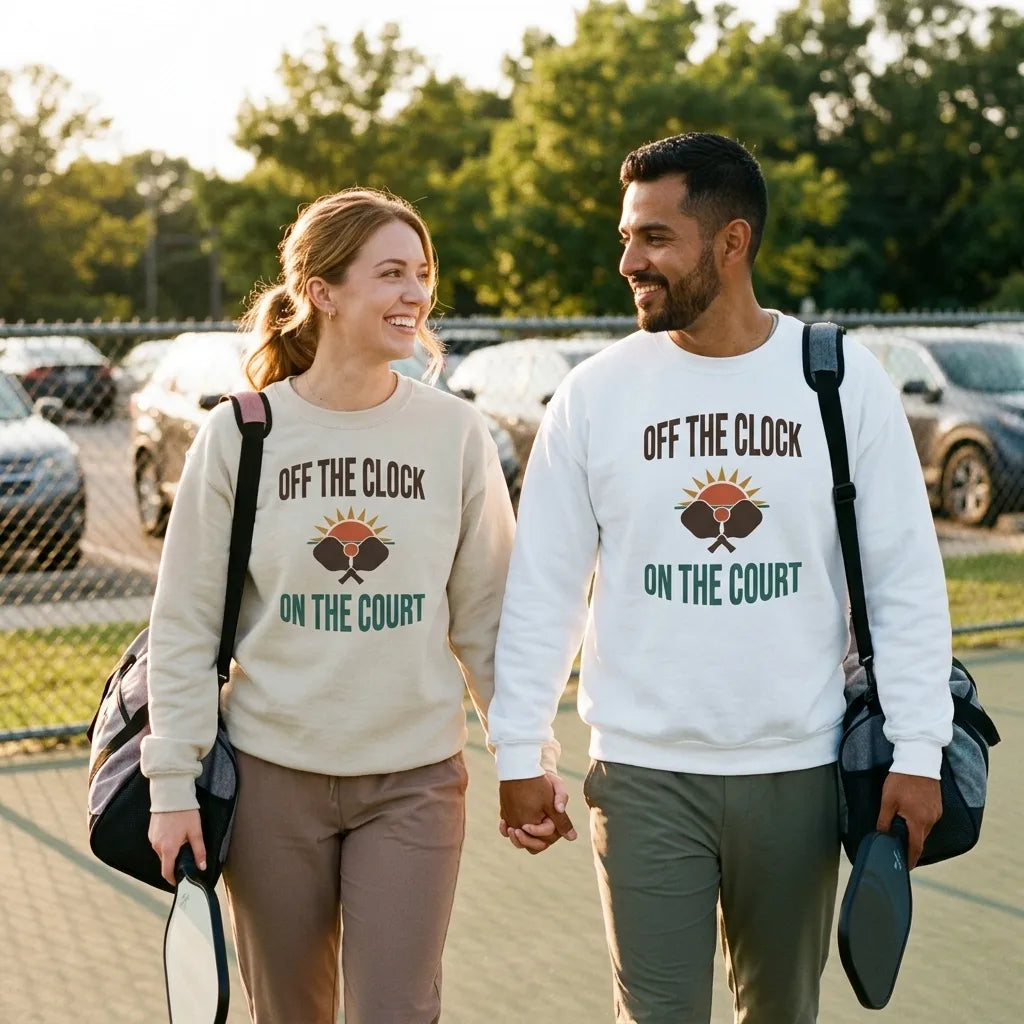 couple walking off pickleball court wearing Off The Clock On The Court retro pickleball crewneck sweatshirt — Ash