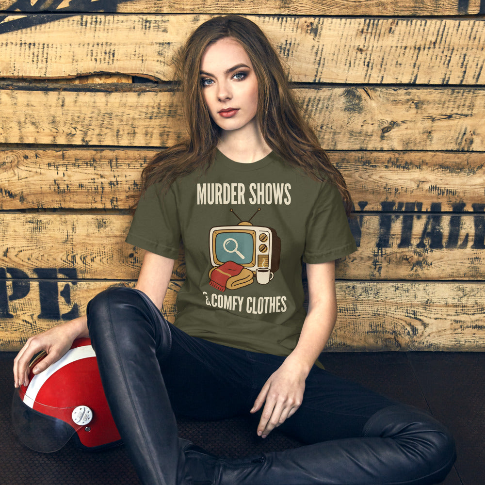 Murder Shows and Comfy Clothes cozy true crime tee — Military Green, on model
