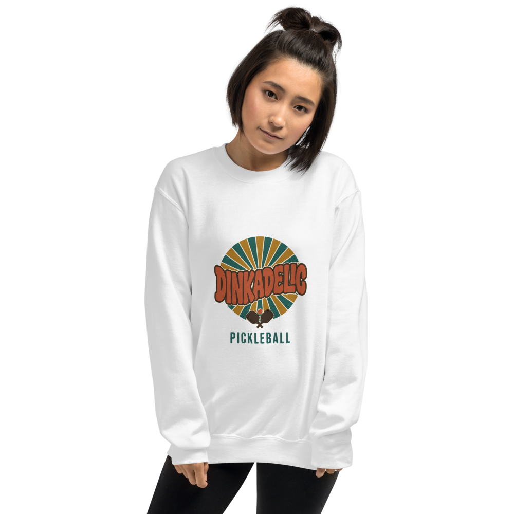 Light Pink Dinkadelic retro 70s pickleball crewneck sweatshirt model