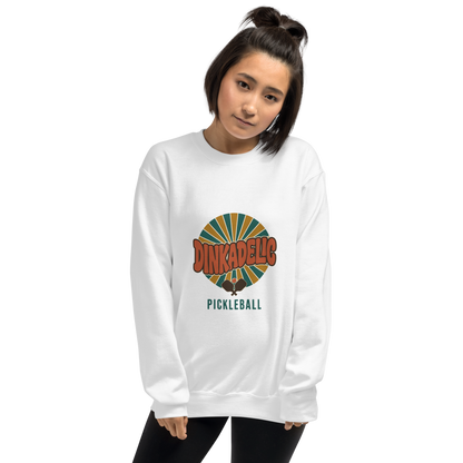 Light Pink Dinkadelic retro 70s pickleball crewneck sweatshirt model