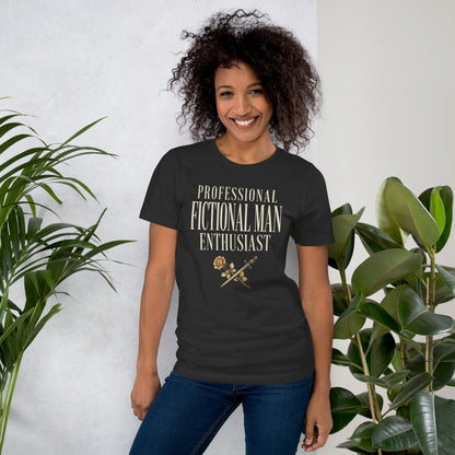 Professional Fictional Man Enthusiast book lover dark academia tee — Dark Grey, on model