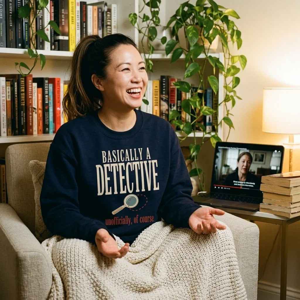 Basically a Detective true crime crewneck sweatshirt — woman laughing in a cozy book-and-plant reading nook, Navy