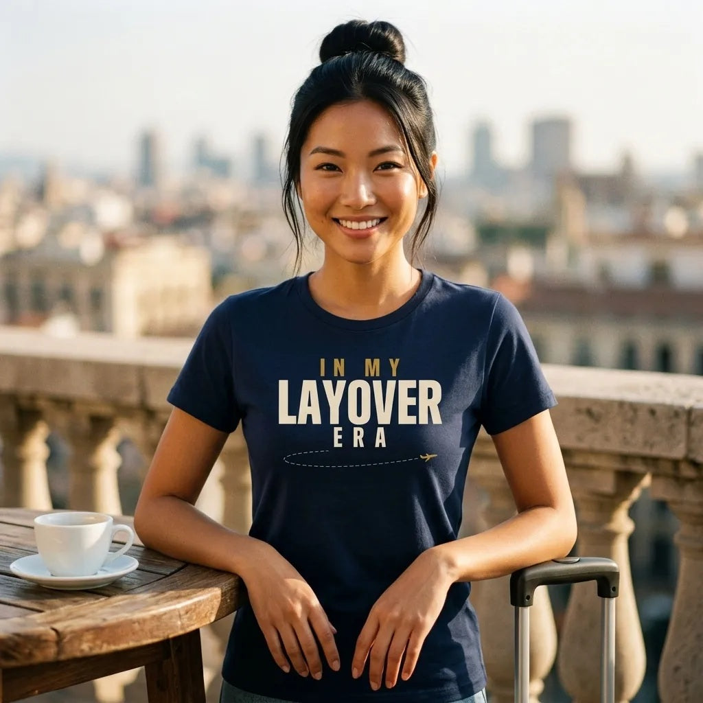 In My Layover Era flight attendant tee — lifestyle