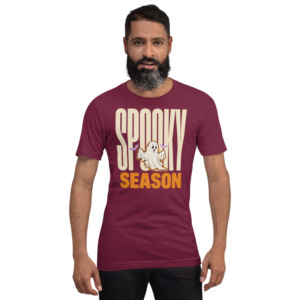 Spooky Season retro Halloween ghost typography tee — Maroon, on model