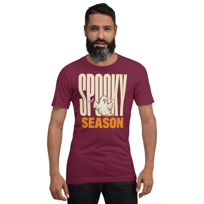 Spooky Season retro Halloween ghost typography tee — Maroon, on model
