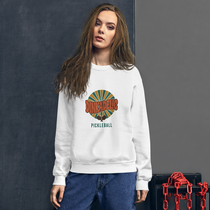 White Dinkadelic retro 70s pickleball crewneck sweatshirt model