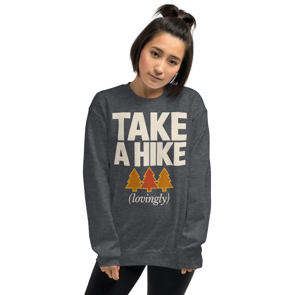 Take a Hike retro outdoors humor typography crewneck sweatshirt — Dark Heather, on model
