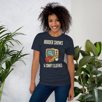 Murder Shows and Comfy Clothes cozy true crime tee — Heather Navy, on model