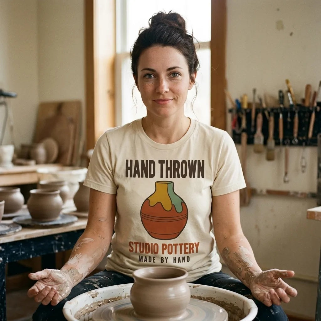 Hand Thrown Studio Pottery retro poster t-shirt — lifestyle