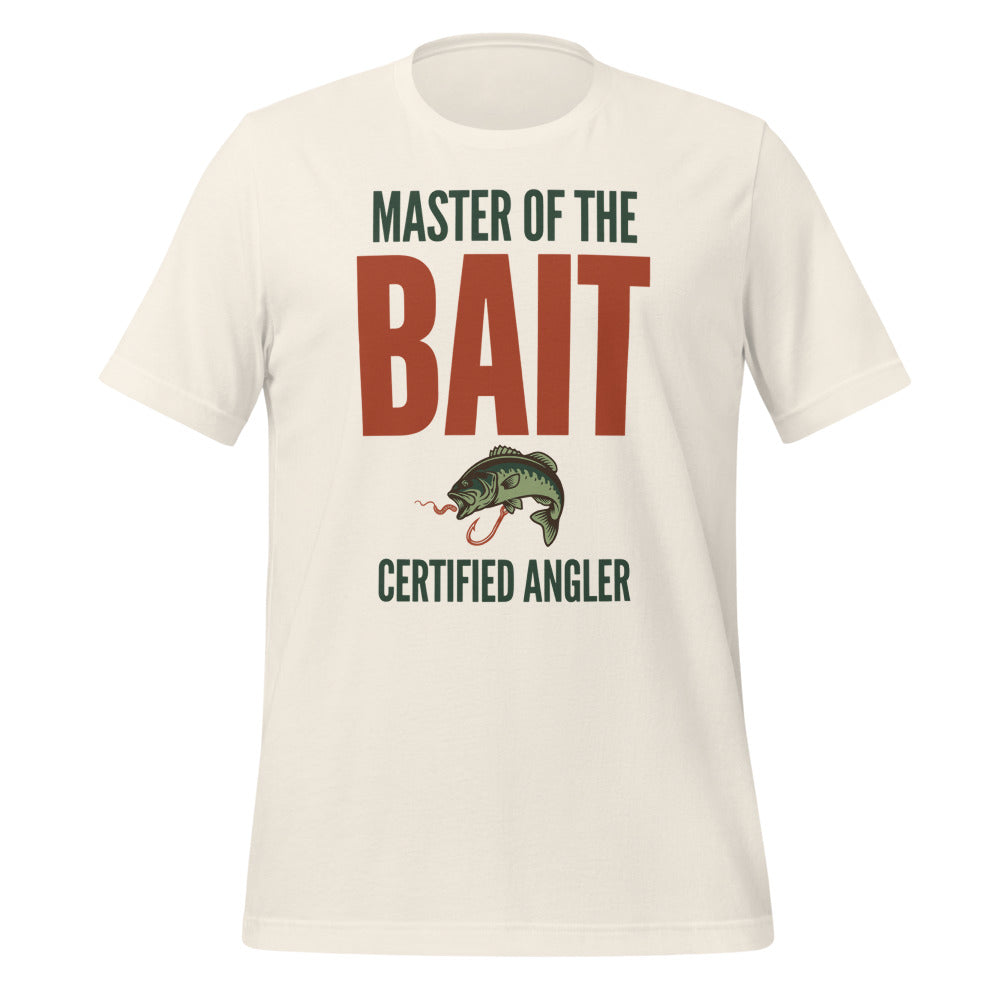 Master of the Bait retro fishing humor typography tee — Vintage White, front
