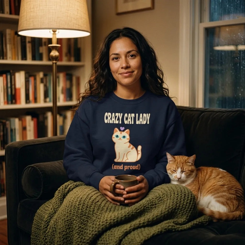 Crazy Cat Lady and Proud crewneck — woman in Navy on a couch with an orange cat