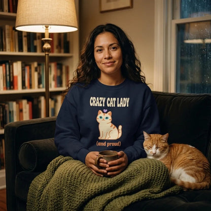 Crazy Cat Lady and Proud crewneck — woman in Navy on a couch with an orange cat